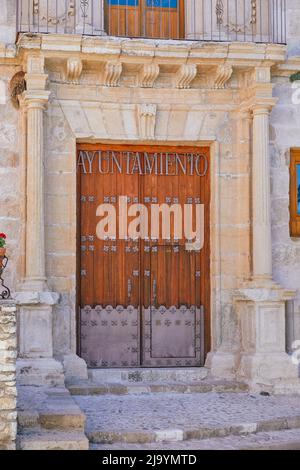 Wooden door of the town hall in segura de la sierra, Jaen, Andalucia, Spain Stock Photo