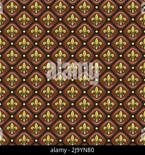 Seamless pattern with brown leather upholstery, golden fleur de lis. Vector background. Stock Vector