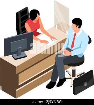 Isometric bank composition with client character sitting at bank desk with working clerk vector illustration Stock Vector