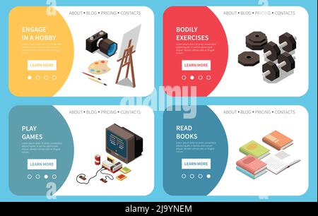 Stress management concept icons set with hobby symbols isometric isolated vector illustration Stock Vector