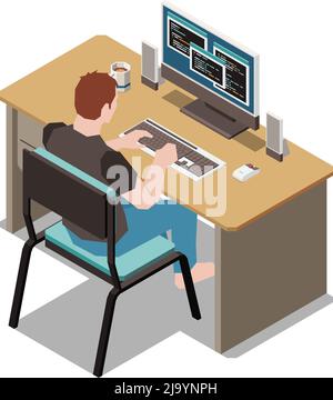 Stay at home isometric composition with male character sitting at table programming on computer vector illustration Stock Vector