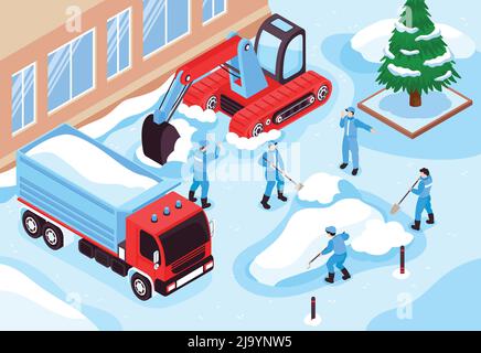 Isometric cleaning road composition with snow clearing equipment vehicles excavator and truck with team of workers vector illustration Stock Vector