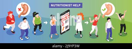 Isometric dietician nutritionist sick healthy composition with human characters arrows images of stomach doctor and smartphone vector illustration Stock Vector
