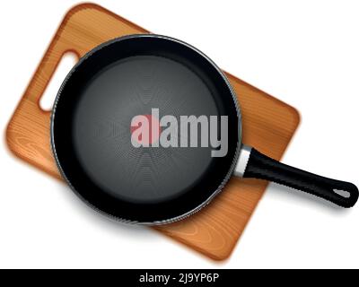 Teflon pan with red indicator on wooden board isolated top view realistic and colored composition Stock Vector