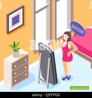 Woman on diet isometric background with bedroom interior indoor composition and female character looking in mirror vector illustration Stock Vector