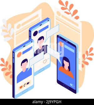 Isometric social media icon with people communicating via internet on smartphone 3d vector illustration Stock Vector