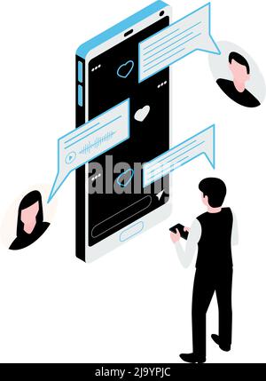 Social media concept with people communicating via text and voice messages on smartphone isometric vector illustration Stock Vector