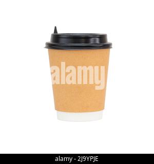 Brown paper cup for take away, to go with black cap isolated on white. Front view Stock Photo