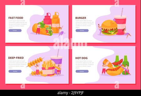 Set of four flat horizontal banners with fast food drinks and human characters isolated on pink background vector illustration Stock Vector