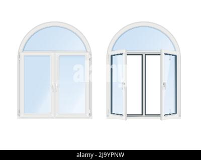 Two isolated and realistic arch windows icon set white open and closed ...