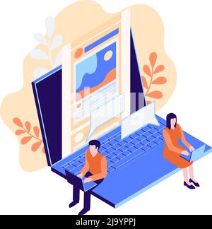 People using laptops for communicating in social media isometric icon 3d vector illustration Stock Vector