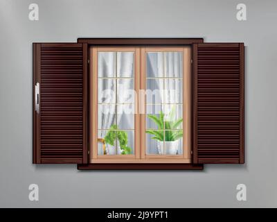 Brown wooden old window realistic composition with cozy atmosphere inside beautiful curtains and potted plants vector illustration Stock Vector