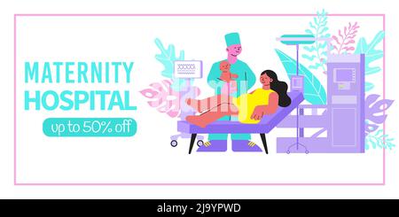 Maternity hospital horizontal banner with editable text discount and flat images of mother in birthing home vector illustration Stock Vector