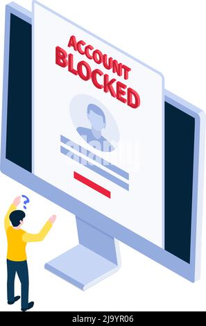 Internet blocking icon with character and notification of his block account on computer 3d vector illustration Stock Vector
