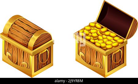Chest isometric cartoon game set with isolated views of coin coffer with closed and open lid vector illustration Stock Vector