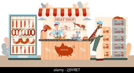 Sausages store flat composition with view of meat shop market stall with food products and people vector illustration Stock Vector
