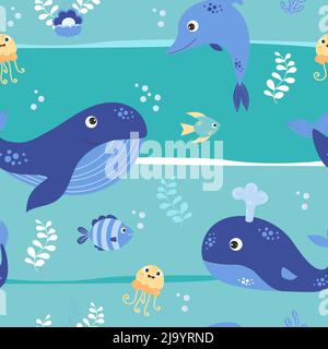 Seamless marine pattern with blue whales and dolphins, fish, jellyfish on an emerald background with algae and pearls. Vector illustration with sea an Stock Vector