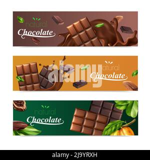 Cocoa horizontal banners set with natural chocolate bars and cocoa beans isolated vector illustration Stock Vector