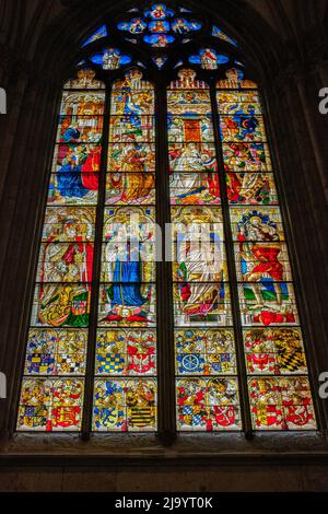 Cologne, Germany - May 17, 2022 : Interior decorated stained glass windows of the cathedral Dom in Cologne Germany Stock Photo