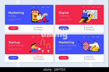 Set of four horizontal colored banners for digital marketing and startup isolated on grey background flat vector illustration Stock Vector