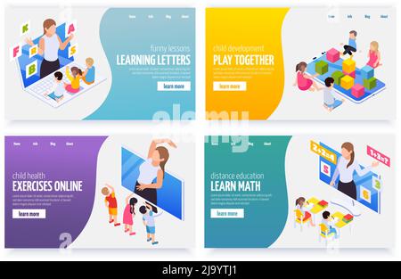 Learning math letters gym exercises remotely online kindergarten games 4 distant education isometric web banners vector illustration Stock Vector