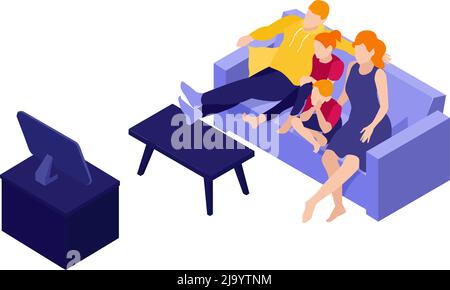 Isometric online cinema composition with family sitting on sofa watching tv vector illustration Stock Vector