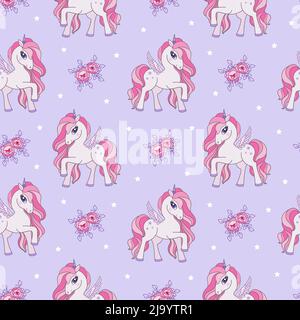 Seamless pattern, background with unicorn and roses. In lilac tones. Vector Stock Vector