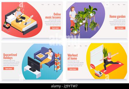 Staying home quarantine leisure activities music lessons workout tending indoor plants 4 isometric web banners vector illustration Stock Vector