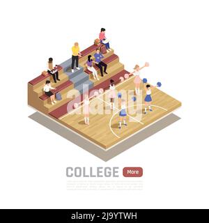 Isometric composition with college cheerleading squad dancing in gym 3d vector illustration Stock Vector