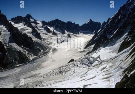 Glacier d'Argentière with Mont Dolent seen from the Aiguille des Grands Montets summit station. Argentière, Chamonix-Mont-Blanc, France, 1990 Stock Photo