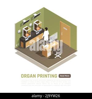 Man monitoring two 3d printers printing human brain models isometric composition vector illustration Stock Vector