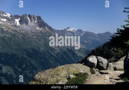 The Aiguilles Rouges seen from the Plan d'Aiguille to Montenvers hiking trail, Chamonix-Mont-Blanc, France,1990 Stock Photo