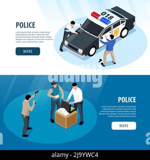 Isometric police horizontal banners set with custody scene images human characters and text with more button vector illustration Stock Vector