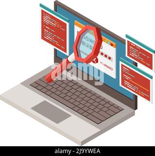 Digital crime isometric icon with password theft on laptop 3d vector illustration Stock Vector