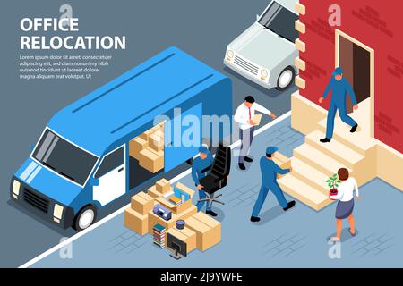 Isometric office move background composition with outdoor scenery and workers loading boxes into van with text vector illustration Stock Vector