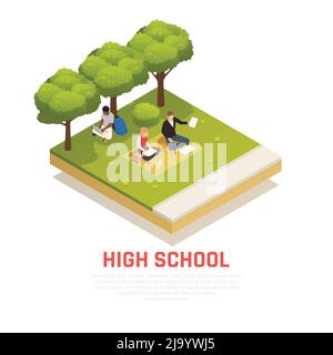 Isometric composition with high school students sitting on lawn reading books outdoors 3d vector illustration Stock Vector