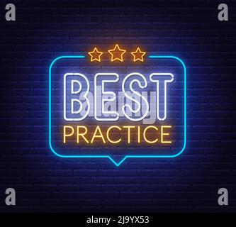 Best Practice neon sign in the speech bubble on brick wall background . Stock Vector