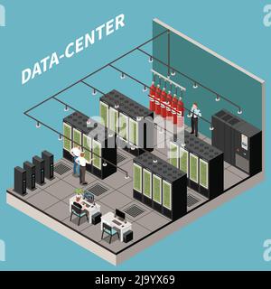 Isometric and colored datacenter composition with server room security and it staff vector illustration Stock Vector