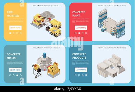 Horizontal concrete cement production isometric banner set with raw material concrete plant mixers and products descriptions vector illustration Stock Vector