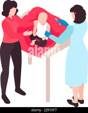 Isometric vaccination color composition with characters of doctor vaccinating baby with mother vector illustration Stock Vector