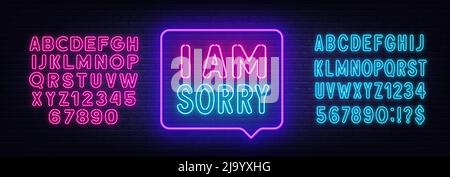 I am sorry neon sign in the speech bubble on brick wall background. Stock Vector