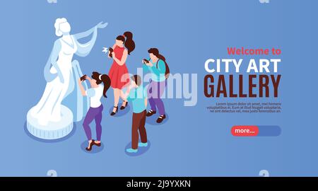 Isometric art gallery horizontal banner with images of statue surrounded by photographers text and more button vector illustration Stock Vector