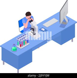 Man looking through microscope in science laboratory isometric vector illustration Stock Vector