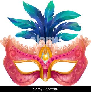 Realistic carvinal mask composition with isolated image of masquerade mask with blue feathers and purple body vector illustration Stock Vector
