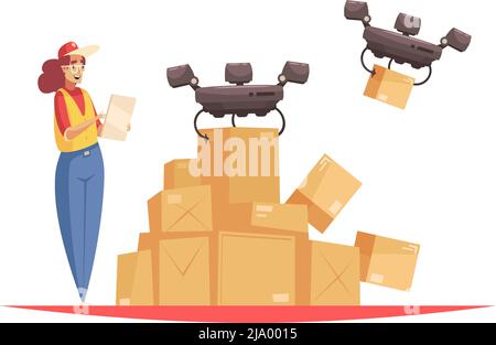 Delivery composition with female logistics worker in uniform with flying quadcopter drones carrying boxes vector illustration Stock Vector