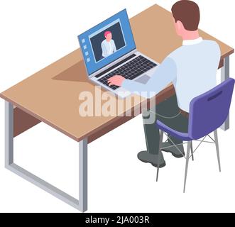 Recruiting online job interview icon with male recruiter talking to applicant on video call isometric vector illustration Stock Vector
