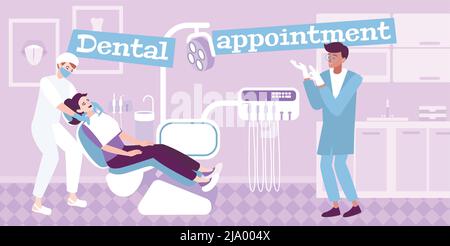 Dentist office flat composition with indoor view of dental clinic office with equipment doctors and patient vector illustration Stock Vector
