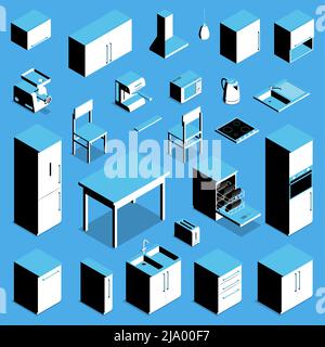 Isometric icons set with kitchen table fridge cooker kettle chair counter cupboard isolated on blue background 3d vector illustration Stock Vector