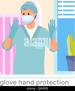 Hand hygiene flat composition with doctor wearing protective medical gloves and mask vector illustration Stock Vector