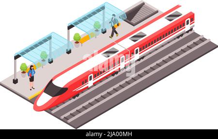 City public transport isometric icon with high speed train and people on platform 3d vector illustration Stock Vector